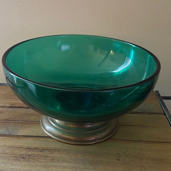 Other - Vintage antique bright Green Glass Bowl with gold metal Base excellent condition